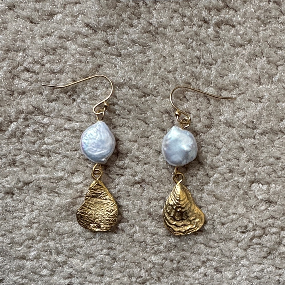 Gold Drop Earrings with White Baroque Pearls